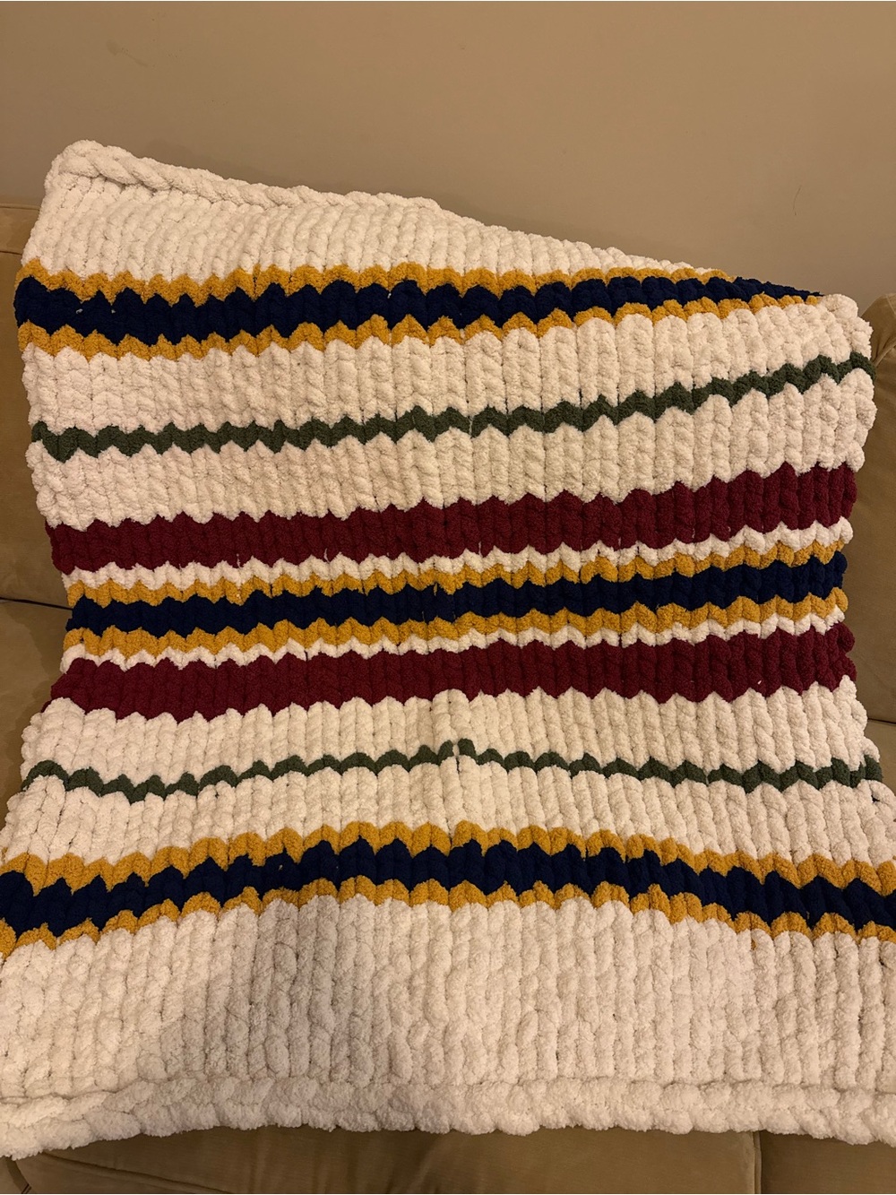 Plush Striped Chenille Throw Blanket - cream with Burgundy, Navy, Mustard, Olive